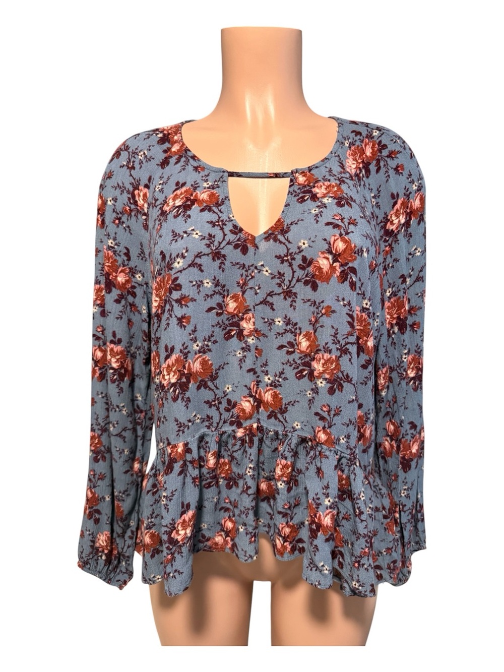 American Eagle Floral Keyhole Peplum Blouse - Blue with Rust Floral